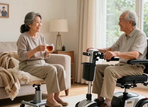Couple enjoying a comfortable living room while using shoppers home health equipment like a mobility scooter and lift chair.