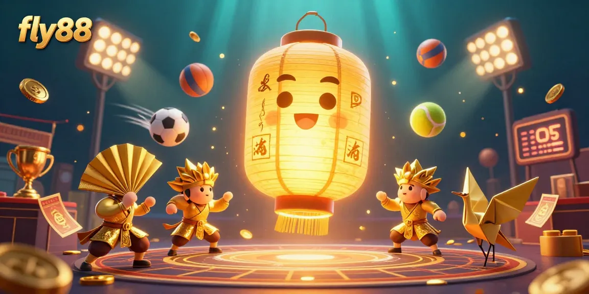 Experience the excitement of sports betting with fly88's vibrant casino scene illustrating champions and unique game elements.