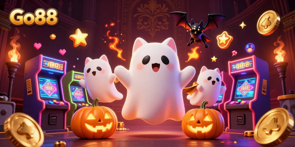 Engage with Go88's ghost cat at a haunted casino, surrounded by glowing slot machines and game icons.