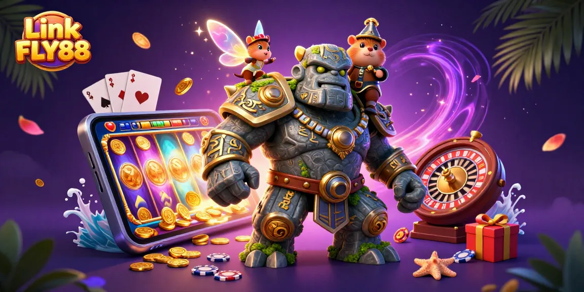 Experience the thrill of winning big with Link FLY88 in this vibrant casino-themed illustration.